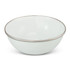 A pale green enamel bowl with a silver rim, featuring a smooth, glossy finish and a rounded shape.