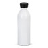 A drink bottle in sleek white aluminium with a black screw-on lid and branding visible.