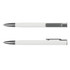 A metal pen with a sleek white barrel and silver accents, featuring a clip and a logo.