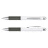A metal pen with a white and grey design, featuring a clip and a smooth finish. It has a logo on the body.