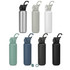 A drink bottle collection featuring recycled aluminium in silver, grey, white, teal, green, and black, with a logo on each.