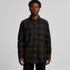A black check shirt with a button-up front and long sleeves, featuring a logo on the chest pocket.