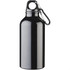 A drink bottle in black with a carabiner attachment, featuring a sleek, shiny finish.