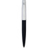 A metal ballpoint pen with a silver finish and a black grip, featuring a logo on the body.