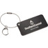 A black aluminium identification tag with a metal loop for attachment and a logo.