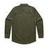 A dark green cord shirt featuring long sleeves and a back yoke design, with button-down details and a logo.