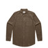A button-up cord shirt in a brown hue featuring a collared neck and two chest pockets. It has a subtle logo.