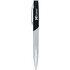 A metal ballpoint pen with a shiny chrome finish and a black grip, featuring a logo on the barrel.
