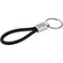 A black vegan leather twist key ring with a silver metal accent and a keyring attachment.