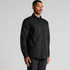 A black work shirt featuring long sleeves and a button-up front, displayed on a mannequin.