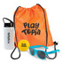 A vibrant orange drawstring bag contains a white drink bottle, blue sunglasses, and a yellow ball, all with branding.