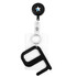 A black retractable badge holder with a clear card holder and a black keychain attached. It features a small logo at the top.