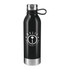 A drink bottle in black stainless steel with a silver bottom and a logo. Ideal for sports and outdoor activities.