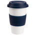 A ceramic coffee mug with a white body, navy lid, and navy silicone sleeve. It features a logo.
