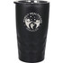 A drink bottle with a matte black finish, featuring a logo and a clear lid. It is a copper vacuum insulated tumbler.