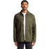 A man wearing an olive green Chore Jacket with multiple pockets and a logo. The jacket has a classic collar and button front.