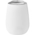 A drink bottle featuring a white, vacuum insulated design with a clear lid and smooth finish. It has a logo on the surface.