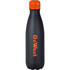 A drink bottle featuring a sleek black design with an orange cap and branding. It has a vacuum insulated capacity of 500ml.
