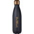 A drink bottle with a matte black finish and a bronze lid, featuring a logo on the front.