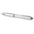 A ballpoint pen in white with silver accents and a textured grip, featuring a logo on the barrel.
