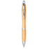 A bamboo ballpoint pen featuring silver accents and a clip, exhibiting a natural wood appearance.