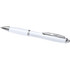 A white ballpoint pen with a sleek design and silver accents, featuring a branding logo.