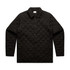 A black quilted puffer jacket with a collared neckline and button front, featuring a logo.