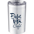 A drink bottle in silver with a clear lid and branding, designed as a vacuum tumbler.