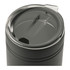 A drink bottle with a black body and a transparent lid, featuring a drinking opening and a logo.