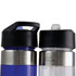 A drink bottle in blue and silver, featuring two different black lids and a logo on the body.