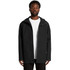 A black rain jacket with a hood, featuring a front opening and buttons, and a logo on the upper left.