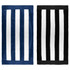 Two striped beach towels, one in navy blue and white, and the other in black and white, both with branding.