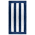 A navy blue and white striped beach towel with a logo on one corner. Perfect for leisure and outdoor activities.