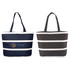 A striped insulated cooler bag in navy blue and black, featuring a logo on the front. Ideal for keeping items cool.