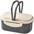 A lunch box featuring a cream and dark grey design, with two handles and a secure lid. It has a branding logo.