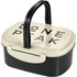 A plastic and wheat straw lunch box in cream and black with a handle and branding on the lid.