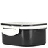 A black and white plastic lunch box with a secure lid and a smooth, rounded shape. It features a branding logo.
