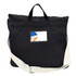 A black canvas shoulder bag with a cream strap, featuring a logo on the front.
