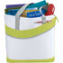 A zippered tote bag in white and lime green, filled with folders, a drink bottle, and a pen.