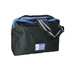 A black and blue laptop bag with a shoulder strap and a logo. Suitable for carrying various items.