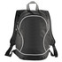 A black backpack with mesh side pockets and white trim, featuring padded shoulder straps and a branding logo.