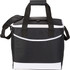 A black and white cooler bag with a zippered top, carrying handles, and an adjustable shoulder strap.