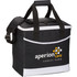 A black cooler bag with white accents, featuring handles and a shoulder strap, includes a logo on the front.