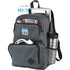 A grey backpack with multiple compartments, holding a laptop, phone, cables, a drink bottle, and magazines.