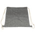 A grey drawstring bag made from a textured fabric, featuring natural-coloured drawstrings and a logo.