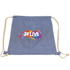 A blue drawstring bag with a branded design in the centre and cream-coloured cords for closure.