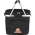 A black cooler bag with a zippered top, metal handles, and a front pocket. It features a logo on the front.