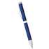 A blue metal ballpoint pen with silver accents and a logo, featuring a twist action mechanism.