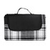 A picnic rug featuring a black and white checkered pattern, neatly folded with a handle for easy transport.