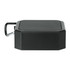 A black outdoor waterproof Bluetooth speaker with a metal loop for attachment. The design is compact and rugged.